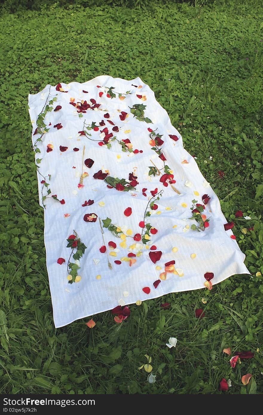 A white wedding carpet covered in leaves and the last scene of outdoor garden ceremony