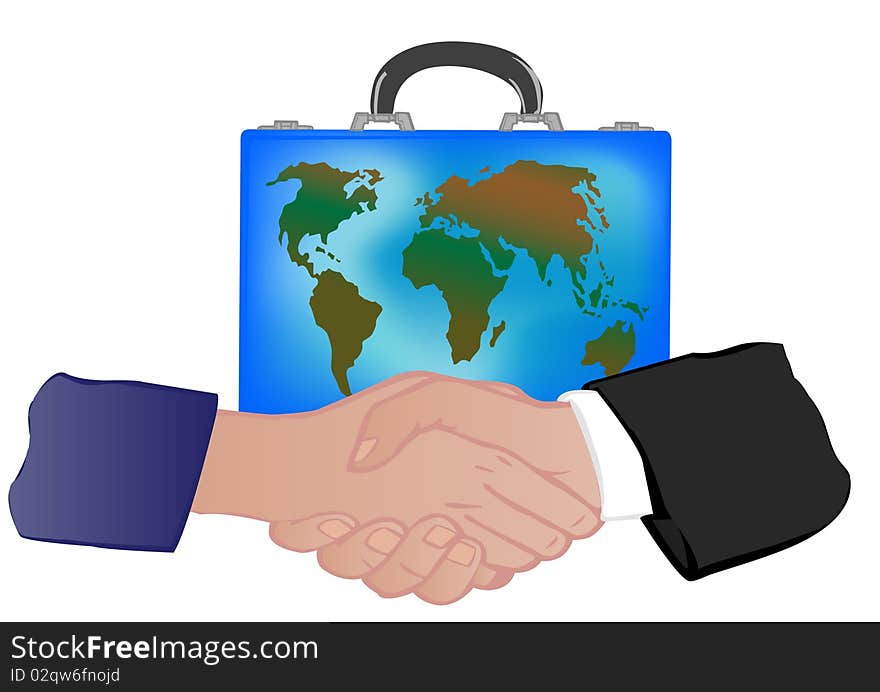 Vector illustration a suitcase with globe and hand shake of the man and the woman a white background