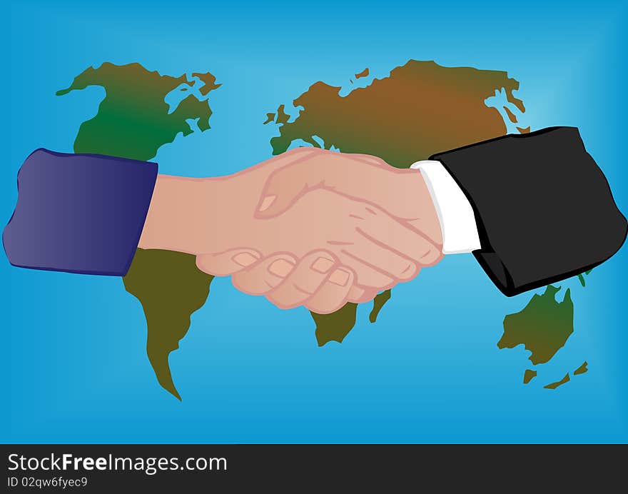 Vector illustration a suitcase with globe and hand shake of the man and the woman a white background