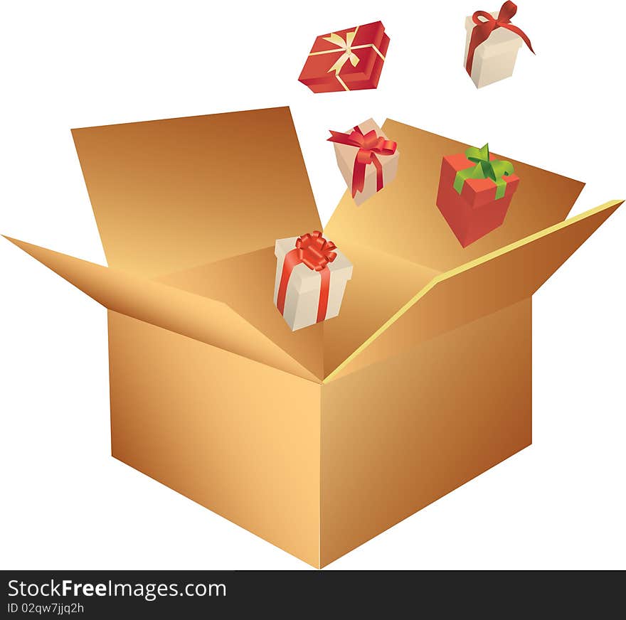 Illustration of small different presents jumping out of box. Illustration of small different presents jumping out of box