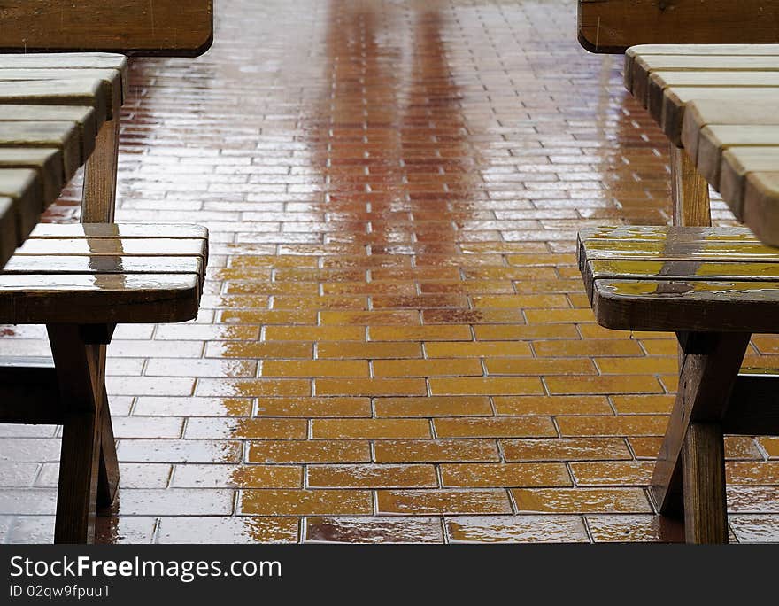 Outdoor cafe on a rainy day