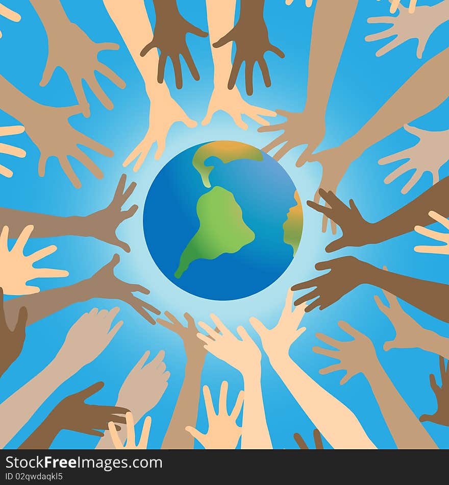 The earth with beams-hands, vector illustration. The earth with beams-hands, vector illustration