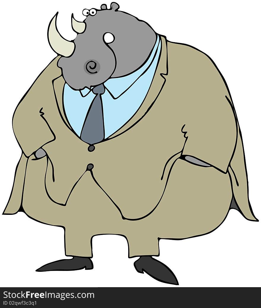 This illustration depicts a cartoon rhinoceros wearing a suit. This illustration depicts a cartoon rhinoceros wearing a suit.