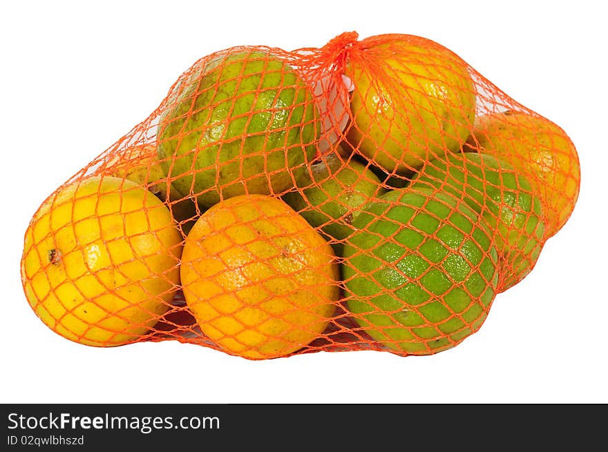 Pile of oranges in a sack over white. Pile of oranges in a sack over white.