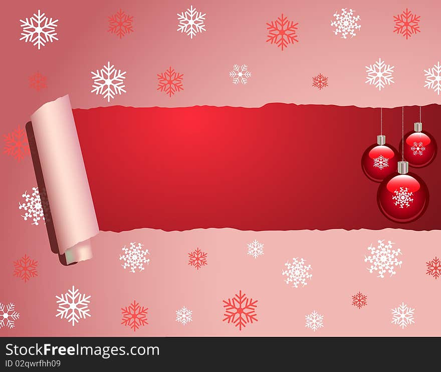 Image of a colorful Christmas background image with torn paper, snowflakes and ornaments.