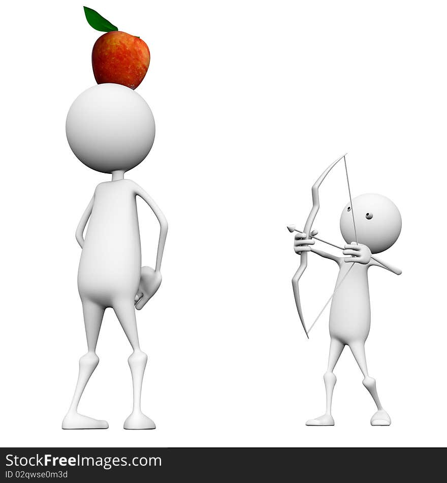 3d archer shoots at the target. The second man held a red apple, as a target. 3d archer shoots at the target. The second man held a red apple, as a target.