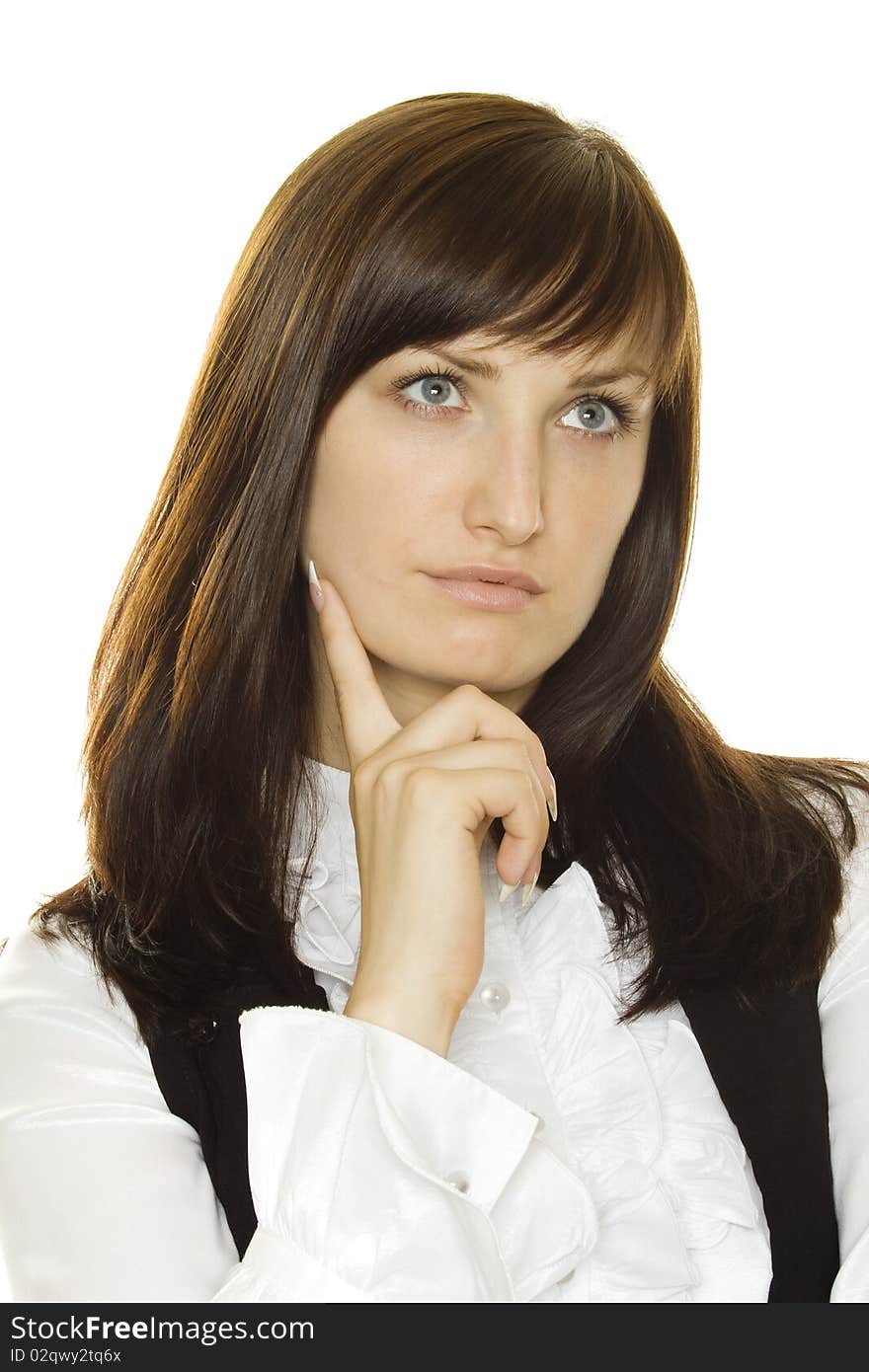 Thoughtful young lady on a white background