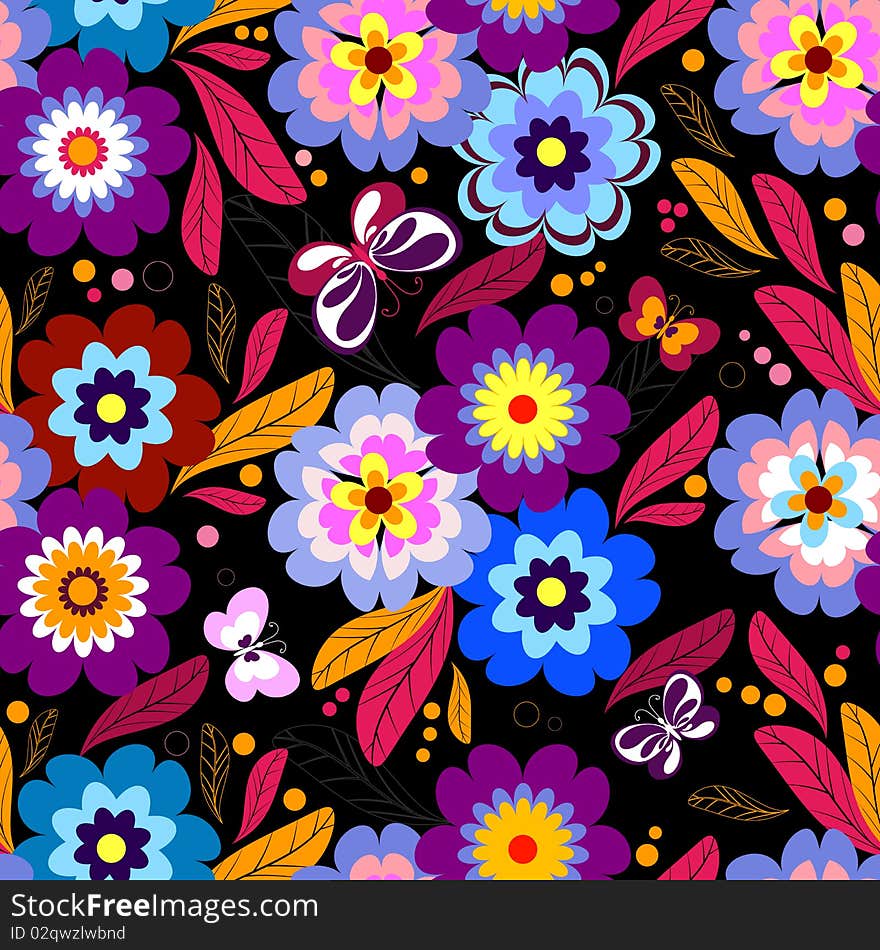 Seamless floral dark pattern with vivid flowers and balls