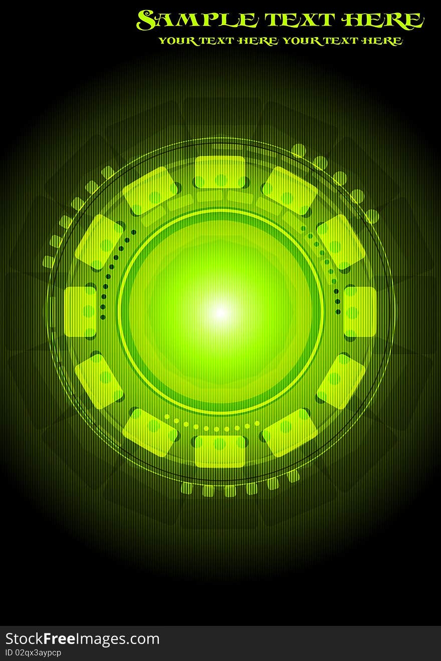 Green technical background with circles and squares. Green technical background with circles and squares