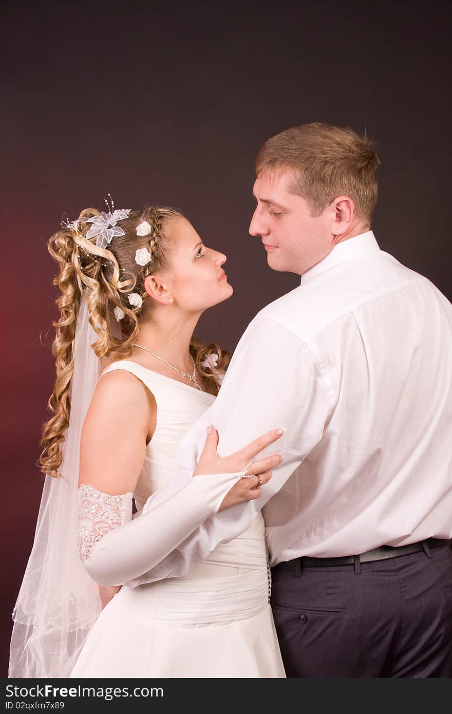 Photography of happy newly-wed is in a studio