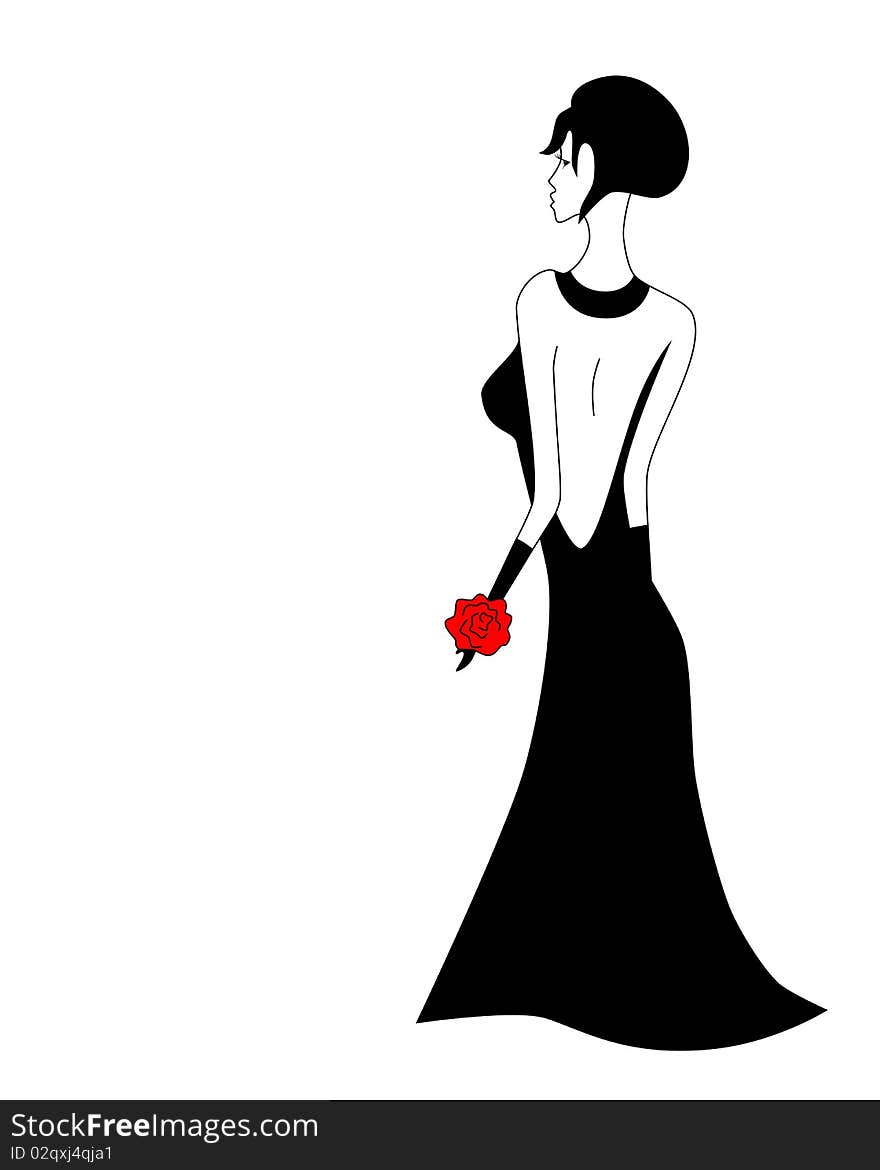 Vector picture of girl in black long evening dress