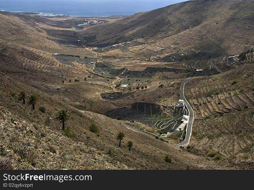 View to small village in valley in Lanzarote, Spain