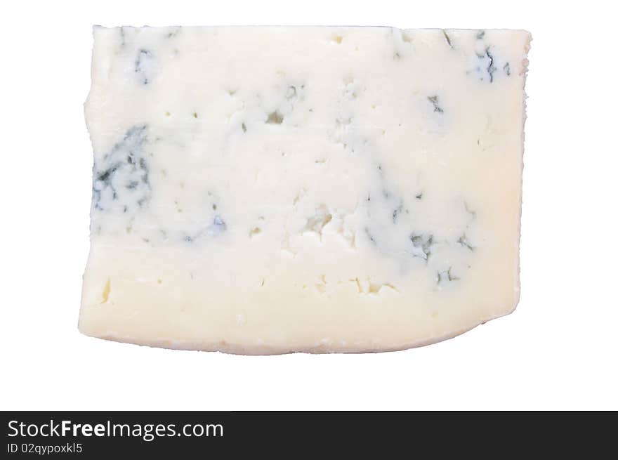 A slice of gorgonzola cheese isolated over white