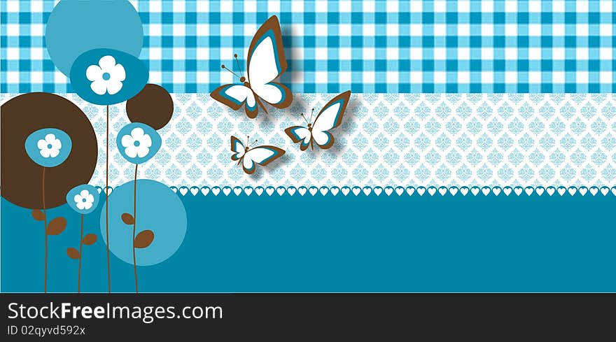 Retro card with butterflies and abstract flowers on a wallpaper. Retro card with butterflies and abstract flowers on a wallpaper