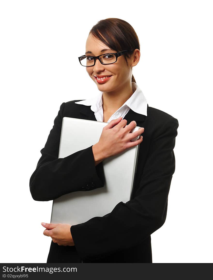 Young successful career woman holds her laptop. Young successful career woman holds her laptop