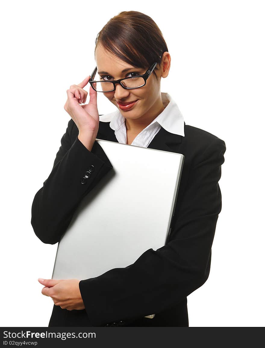 Young successful career woman holds her laptop. Young successful career woman holds her laptop