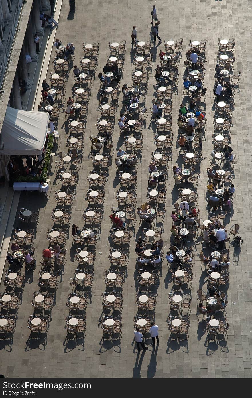 Venice, cafe seen from birds view at the square de San marco. Venice, cafe seen from birds view at the square de San marco