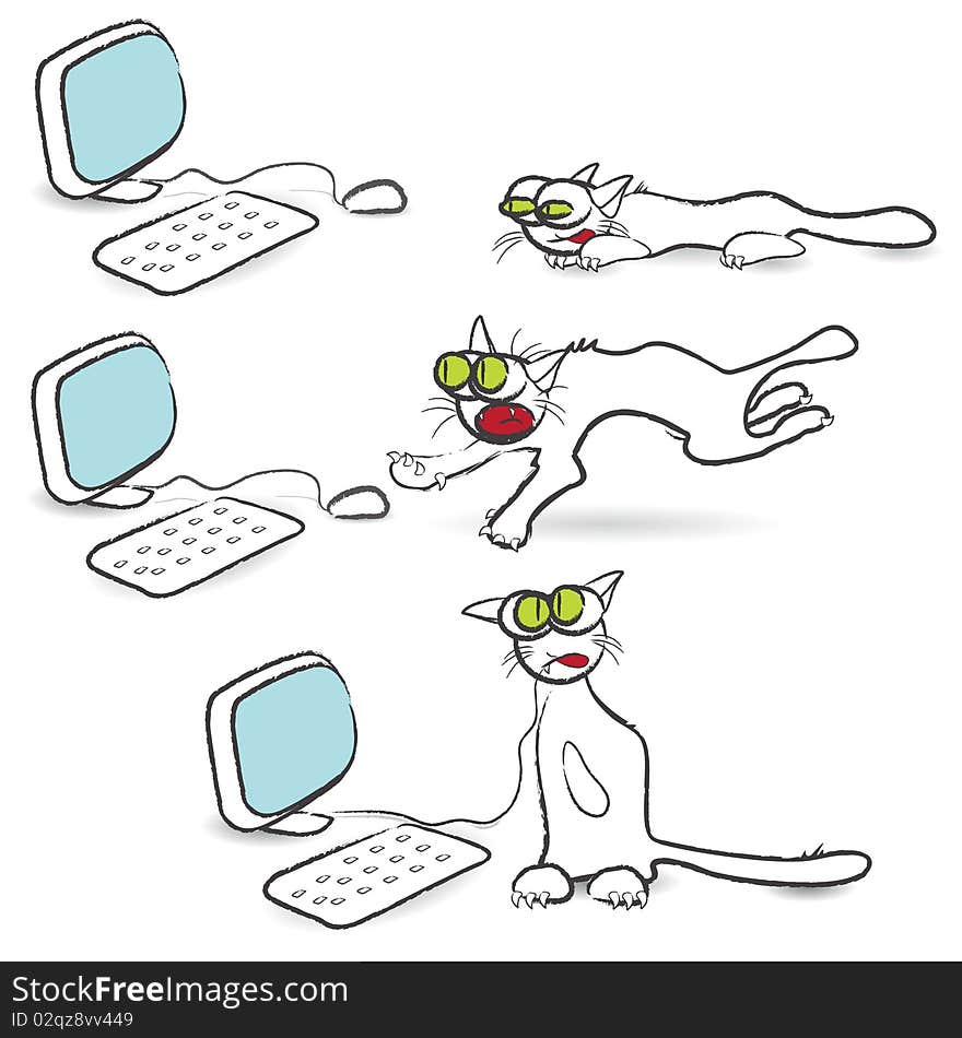 Illustration, white cat hunts on computer mouse. Illustration, white cat hunts on computer mouse
