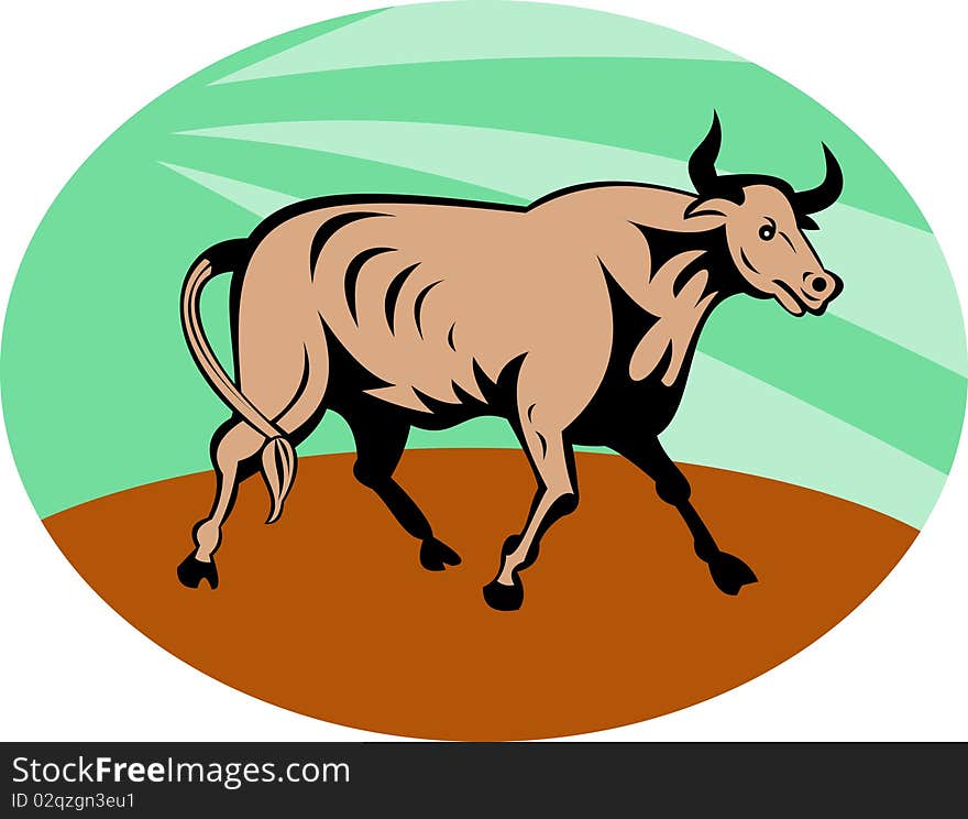 Illustration of a Raging texas longhorn bull charging