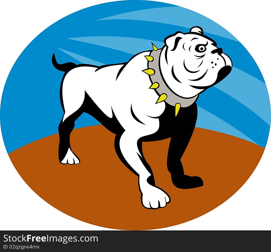 Illustration of a Proud English bulldog set inside an oval.