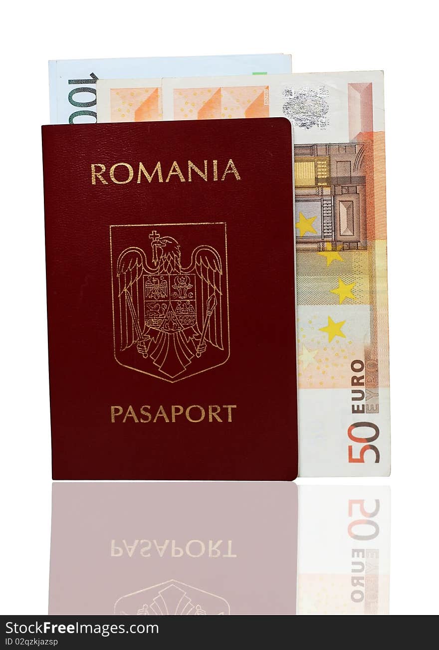 This is an image representing an Romanian passport with euros inside. This is an image representing an Romanian passport with euros inside