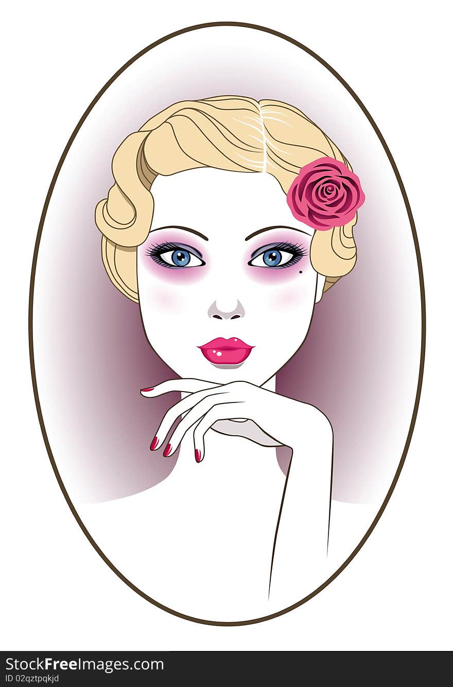 Retro lady with rose. Vector Illustration