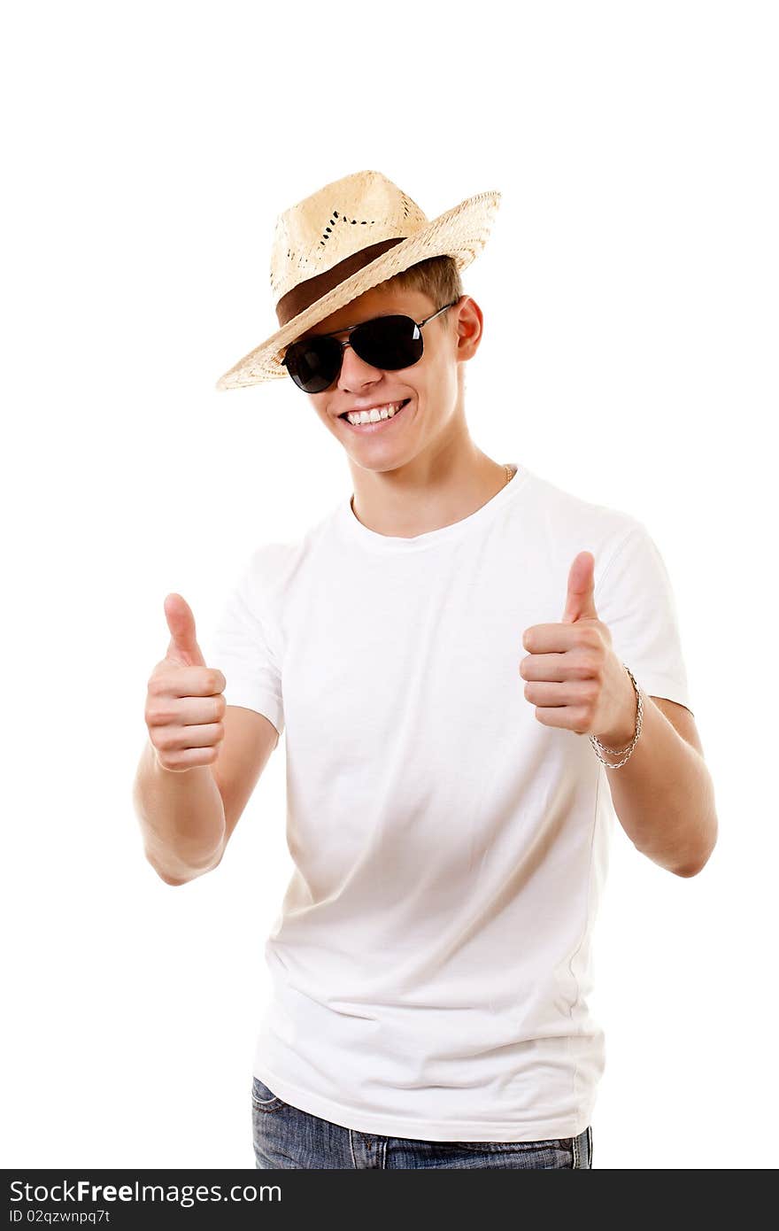 Merry lad in hat on white background