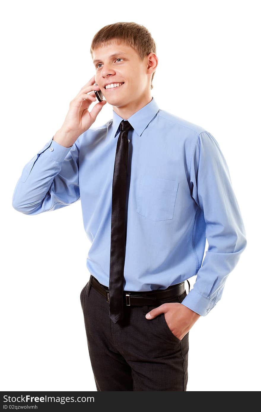 Succeeding manager with telephone on white background