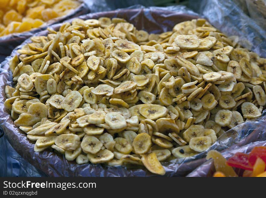 Dried bananas on the market