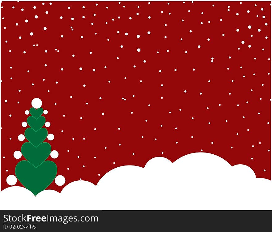 Green fir-tree from hearts on a red background and snow. Green fir-tree from hearts on a red background and snow