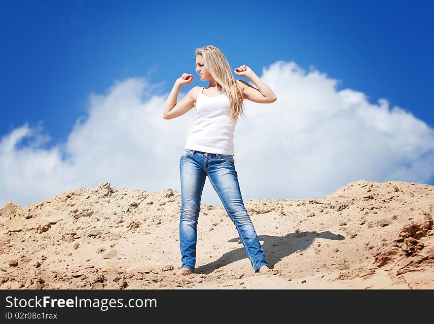 Girl against the dark blue sky