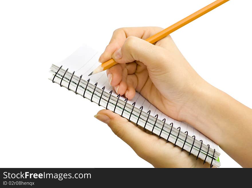 Notebook in hand. Pencil in hand. Isolated on white background. Notebook in hand. Pencil in hand. Isolated on white background