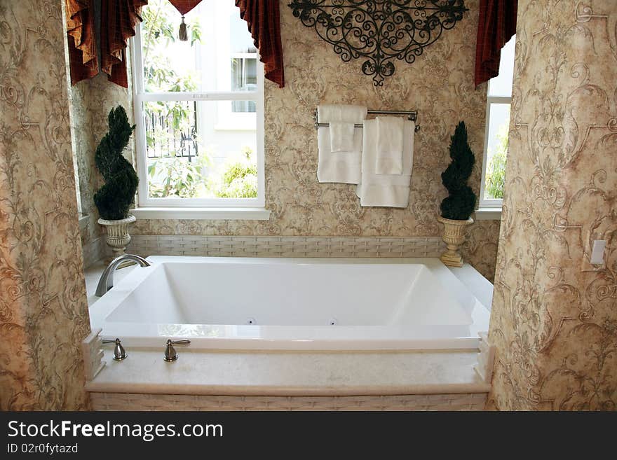 Luxurious bathroom tub with stylish modern decor. Luxurious bathroom tub with stylish modern decor.