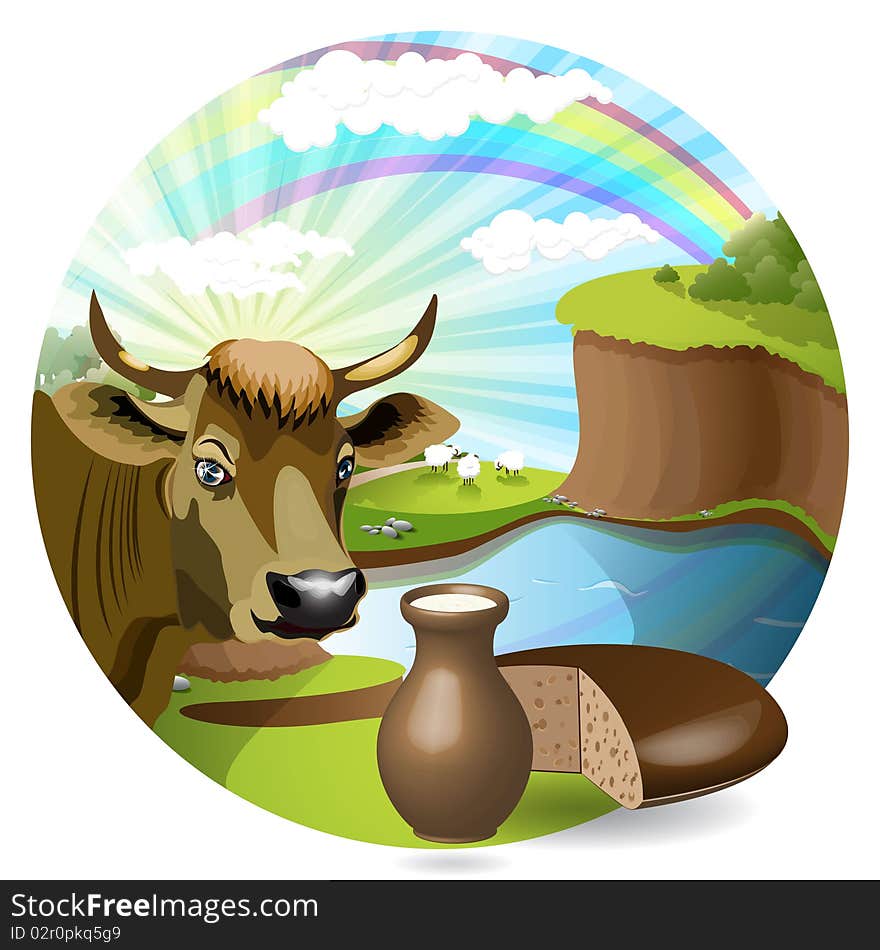 Illustration, cow, pot with milk and bread on background yard. Illustration, cow, pot with milk and bread on background yard