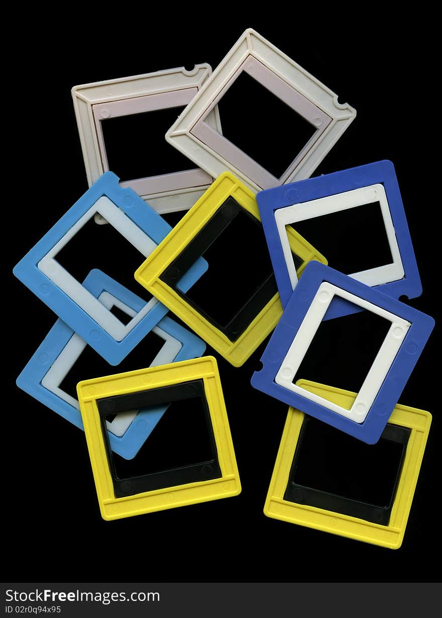 Group blank slide frames on a black background. Group blank slide frames on a black background