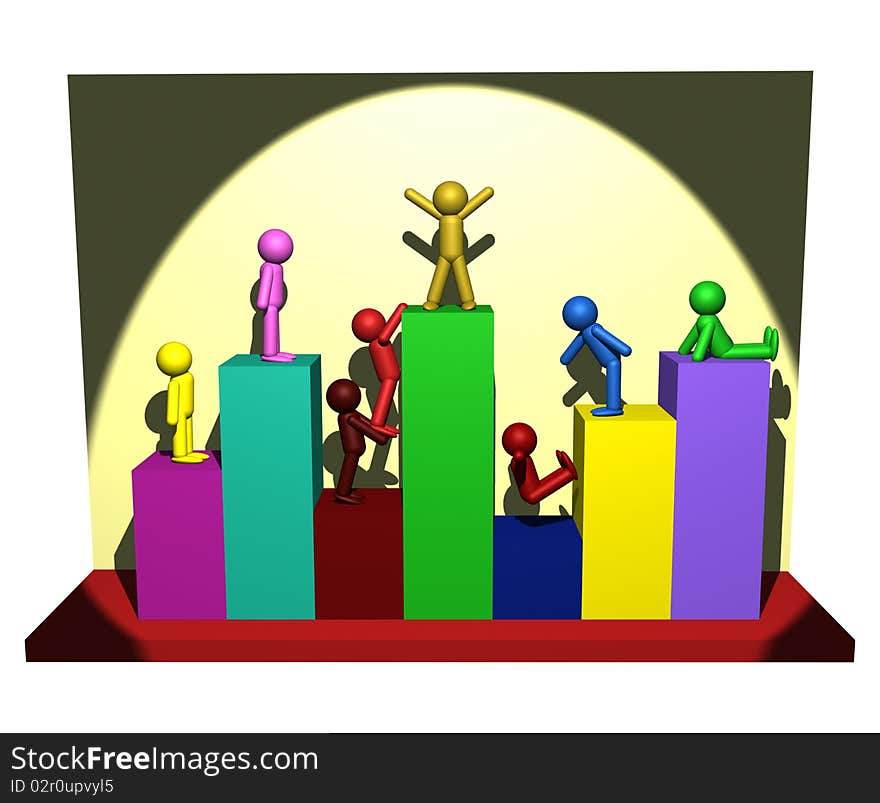 3D illustration of peoples on the chart columns. 3D illustration of peoples on the chart columns