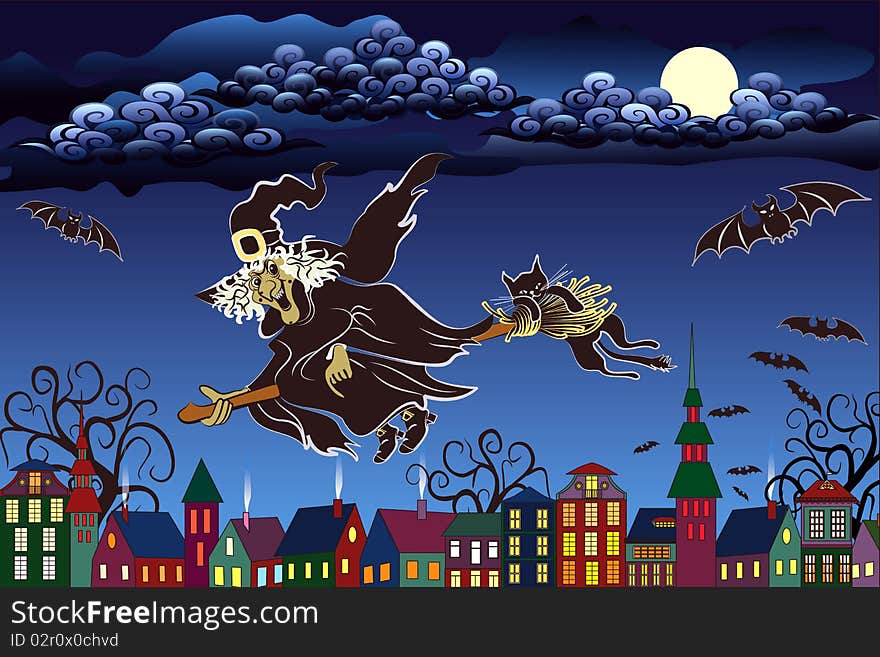 A witch flies over a city at night - vector illustration. A witch flies over a city at night - vector illustration