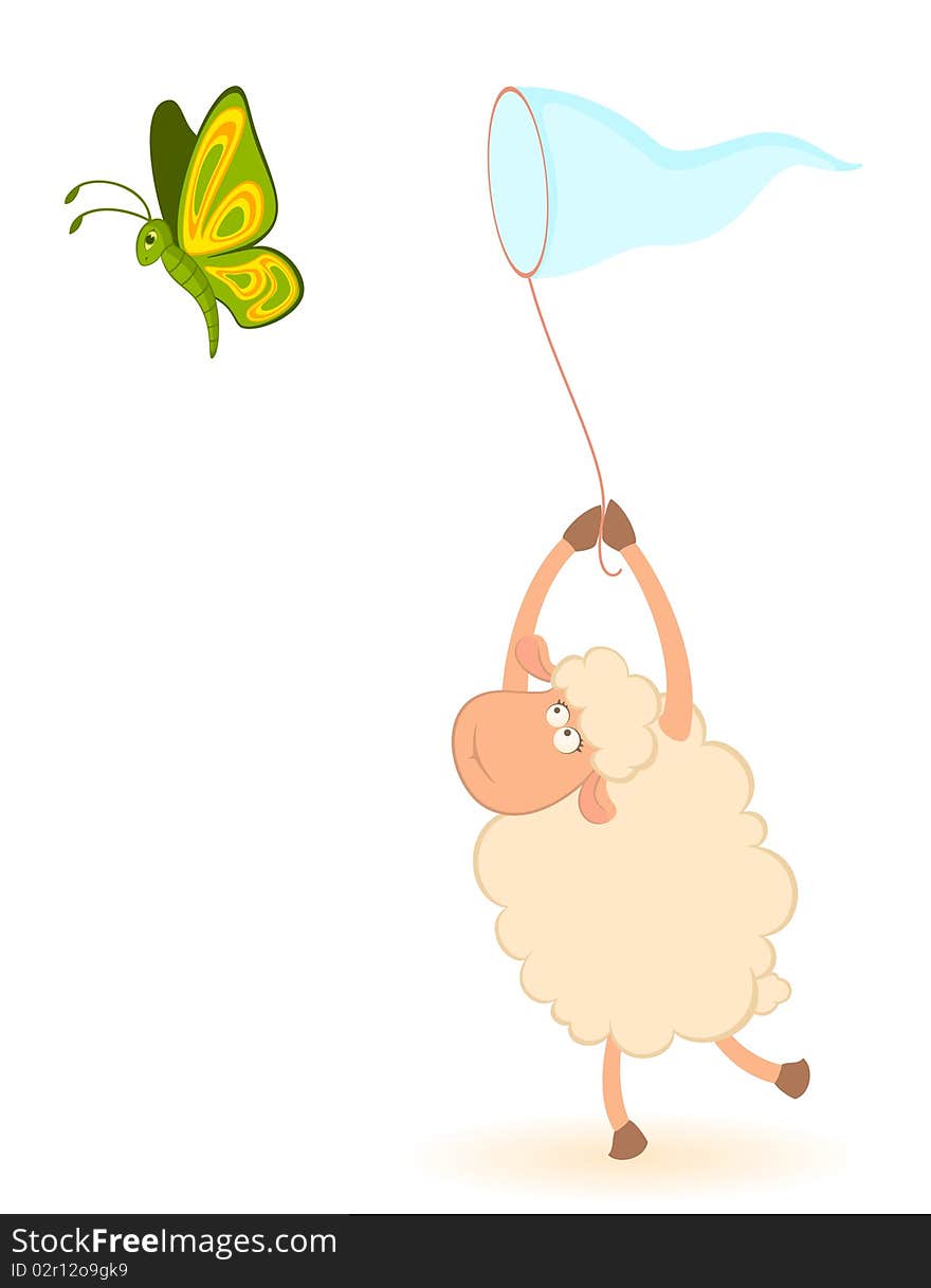 cartoon funny sheep catches beautiful butterflies. cartoon funny sheep catches beautiful butterflies