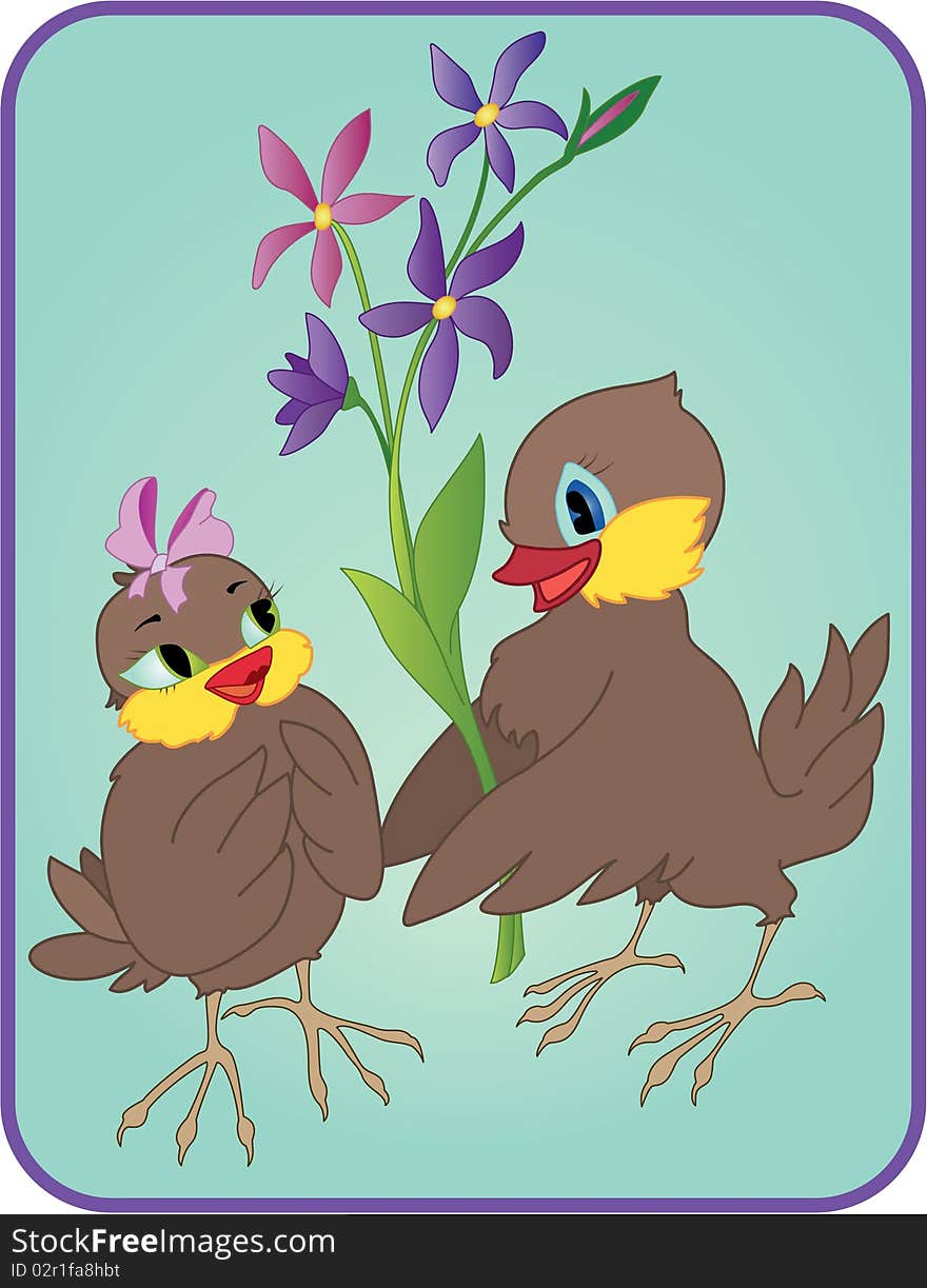 Two Sparrows With Flowers