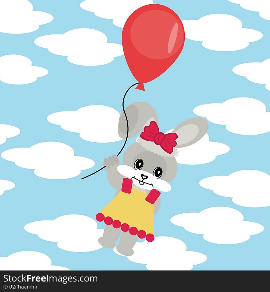 Hare with balloon in sky with clouds