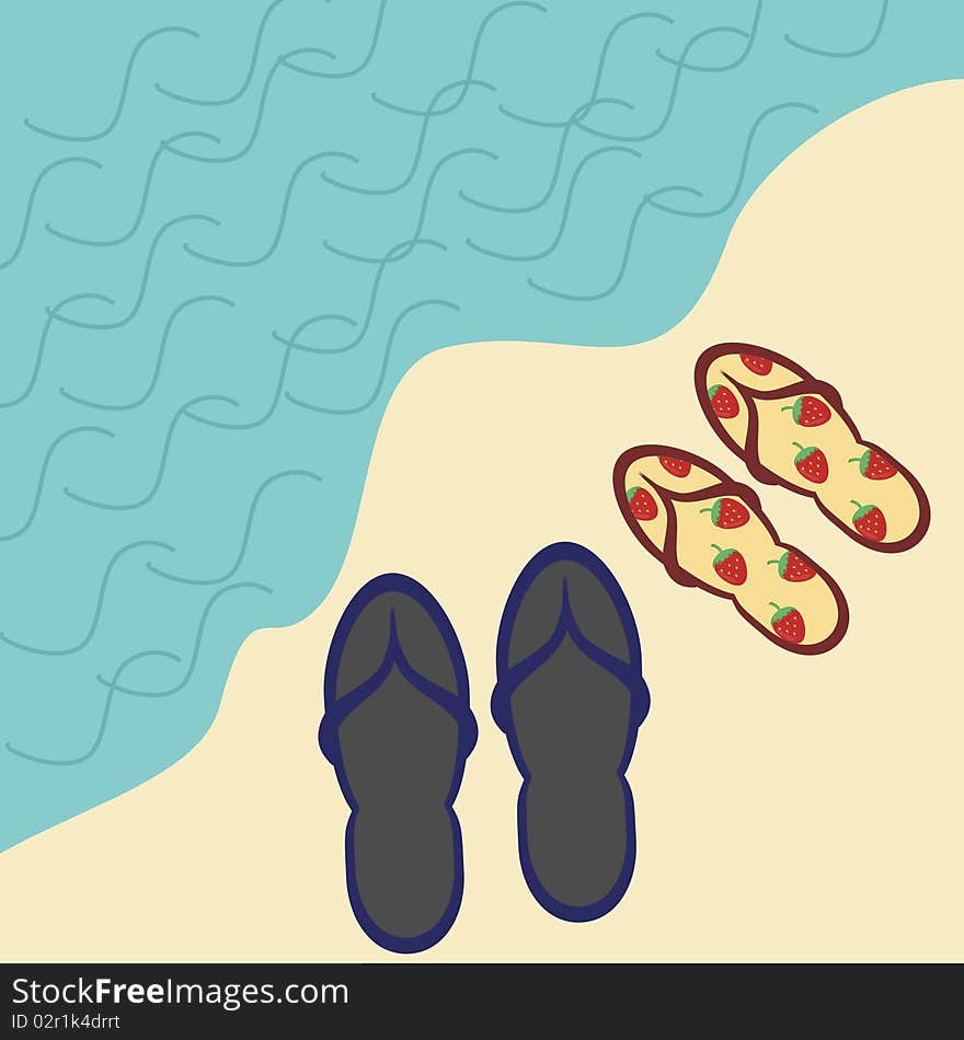 Two pairs of beach sandals on seaside