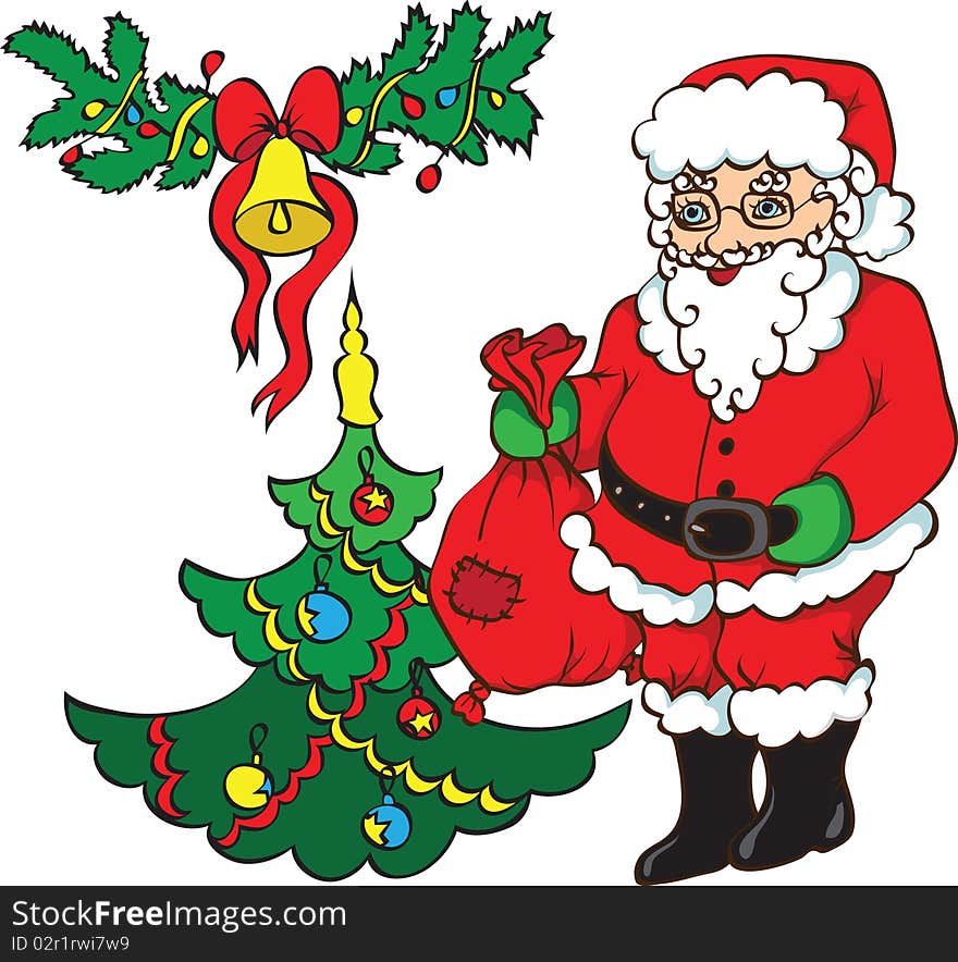 Winter scene with a Santa Claus ,christmas tree and bell. Vector illustration.