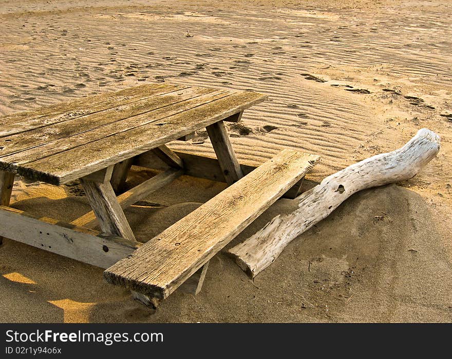 Picnic Table and Driftwood on a Deserted Beach in Erie, Pennsylvania, in the Winter.