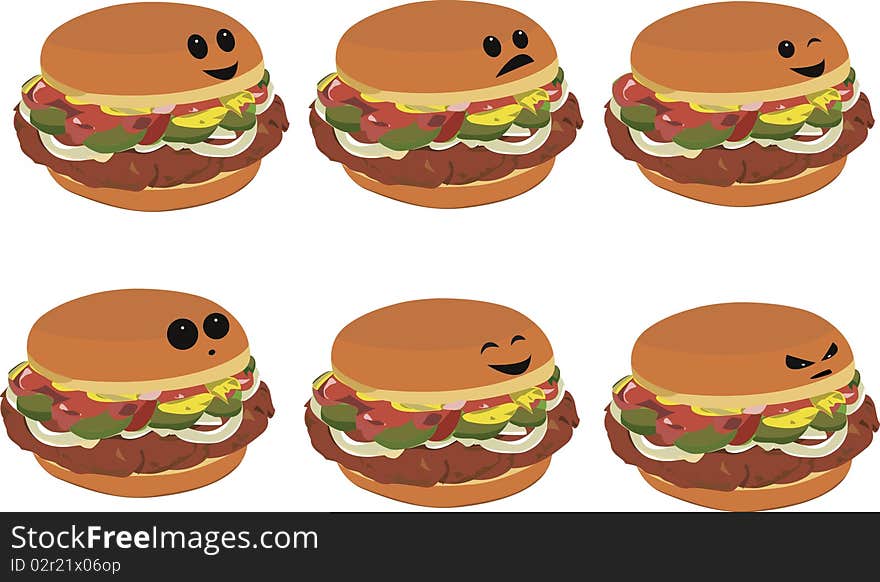 A collection of facial expressions applied to a hamburger. From the fast food faces series. A collection of facial expressions applied to a hamburger. From the fast food faces series.