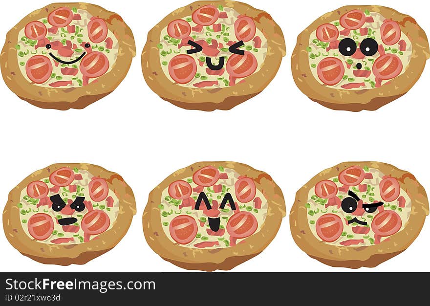 A collection of facial expressions applied to a pizza. From the fast food faces series. A collection of facial expressions applied to a pizza. From the fast food faces series.