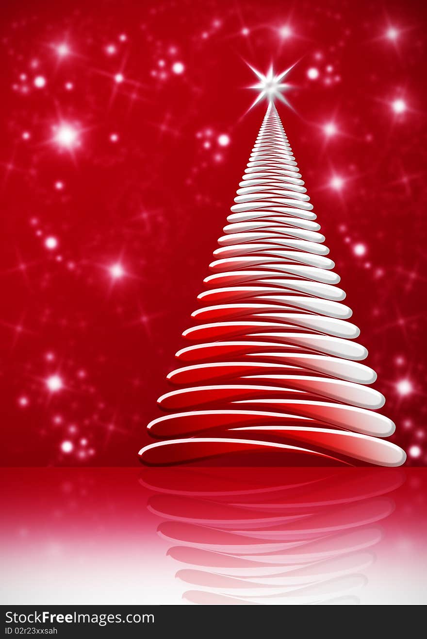 Christmas tree on red background with reflection