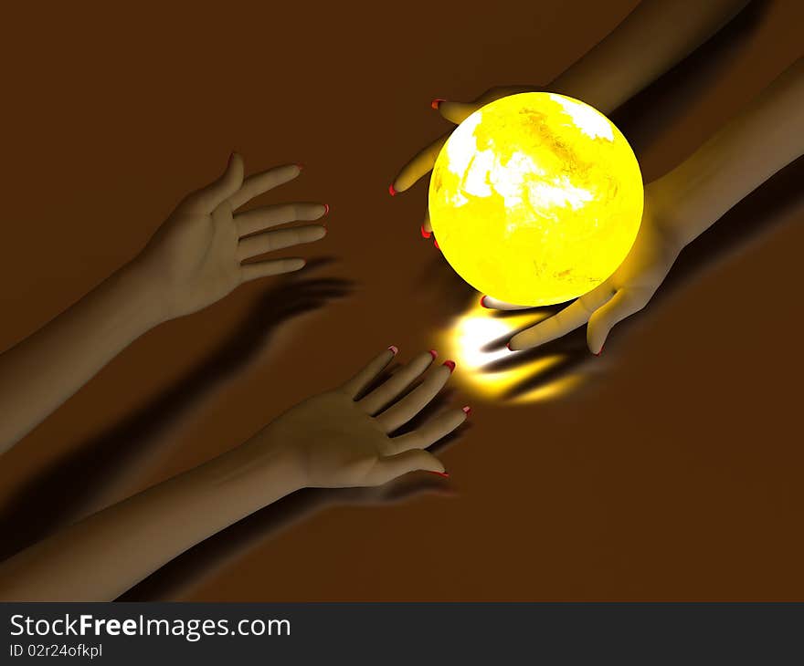 Two hands that transmit yellow Glowing Globe. On dark background. Two hands that transmit yellow Glowing Globe. On dark background