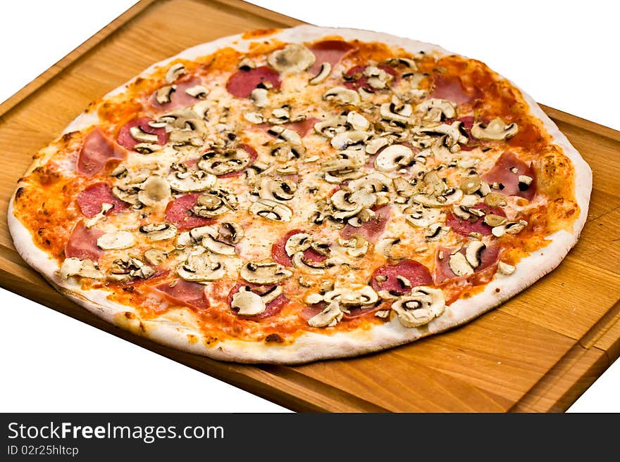 Party Pizza salami,mushrooms and vegetable-isolated on white ,Shallow depth-of-field. Party Pizza salami,mushrooms and vegetable-isolated on white ,Shallow depth-of-field