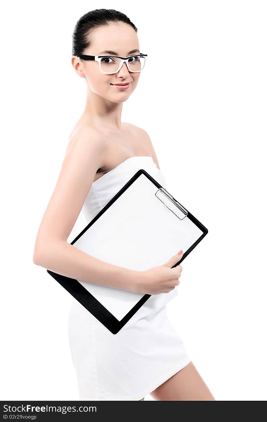 Beautiful young woman posing with worksheet. Isolated over white background.