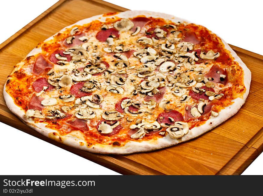 Party Pizza salami,mushrooms and vegetable-isolated on white ,Shallow depth-of-field. Party Pizza salami,mushrooms and vegetable-isolated on white ,Shallow depth-of-field